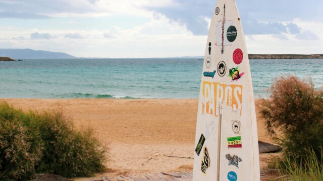 Surfboard with Stickers and Seascape