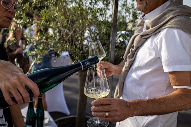 Person pouring white wine into a glass at an outdoor gathering beside an olive tree.